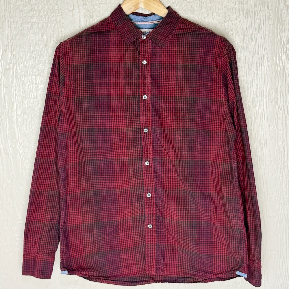 Flag & Anthem Mens Large Red Black Micro Check Cotton Long Sleeve Button Down